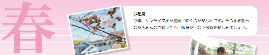 春 お花見 毎年、サンライフ桜が満開に咲くのが楽しみです。その桜を眺めながらみんなで歌ったり、職員が行なう余興を楽しみましょう。