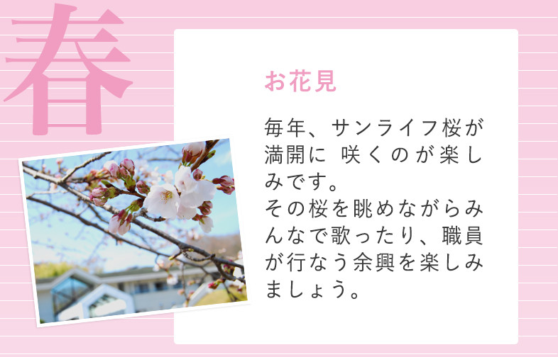 春 お花見 毎年、サンライフ桜が満開に咲くのが楽しみです。その桜を眺めながらみんなで歌ったり、職員が行なう余興を楽しみましょう。